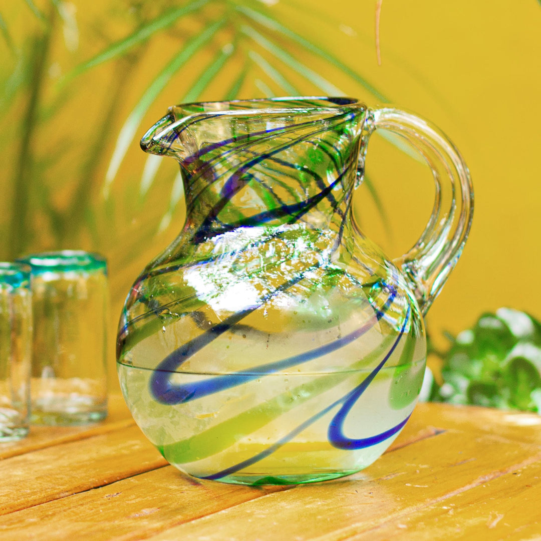 Blue and Green Swirls Hand Blown Glass Pitcher (84 oz) - Elegant Energy