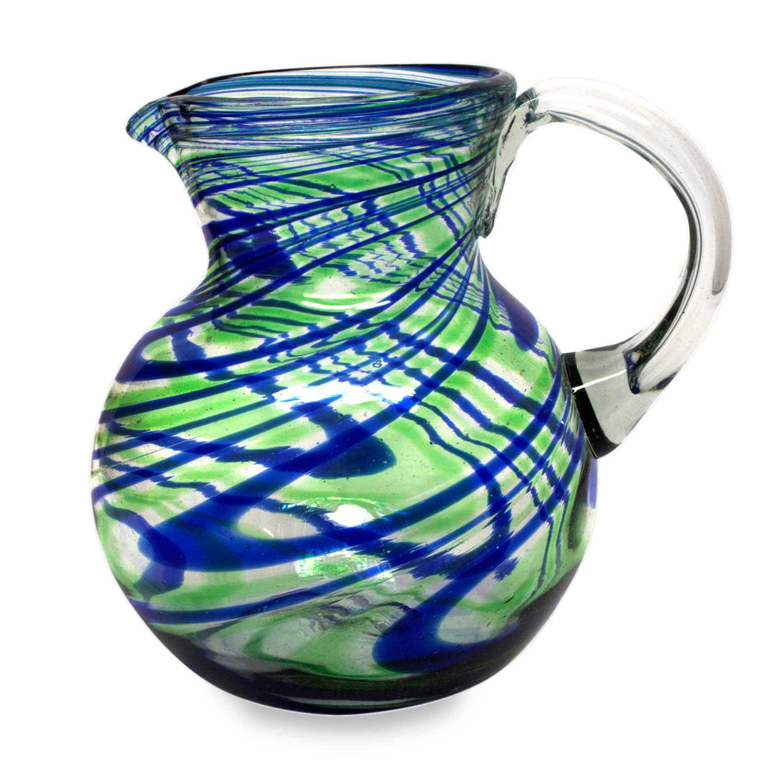 Blue and Green Swirls Hand Blown Glass Pitcher (84 oz) - Elegant Energy