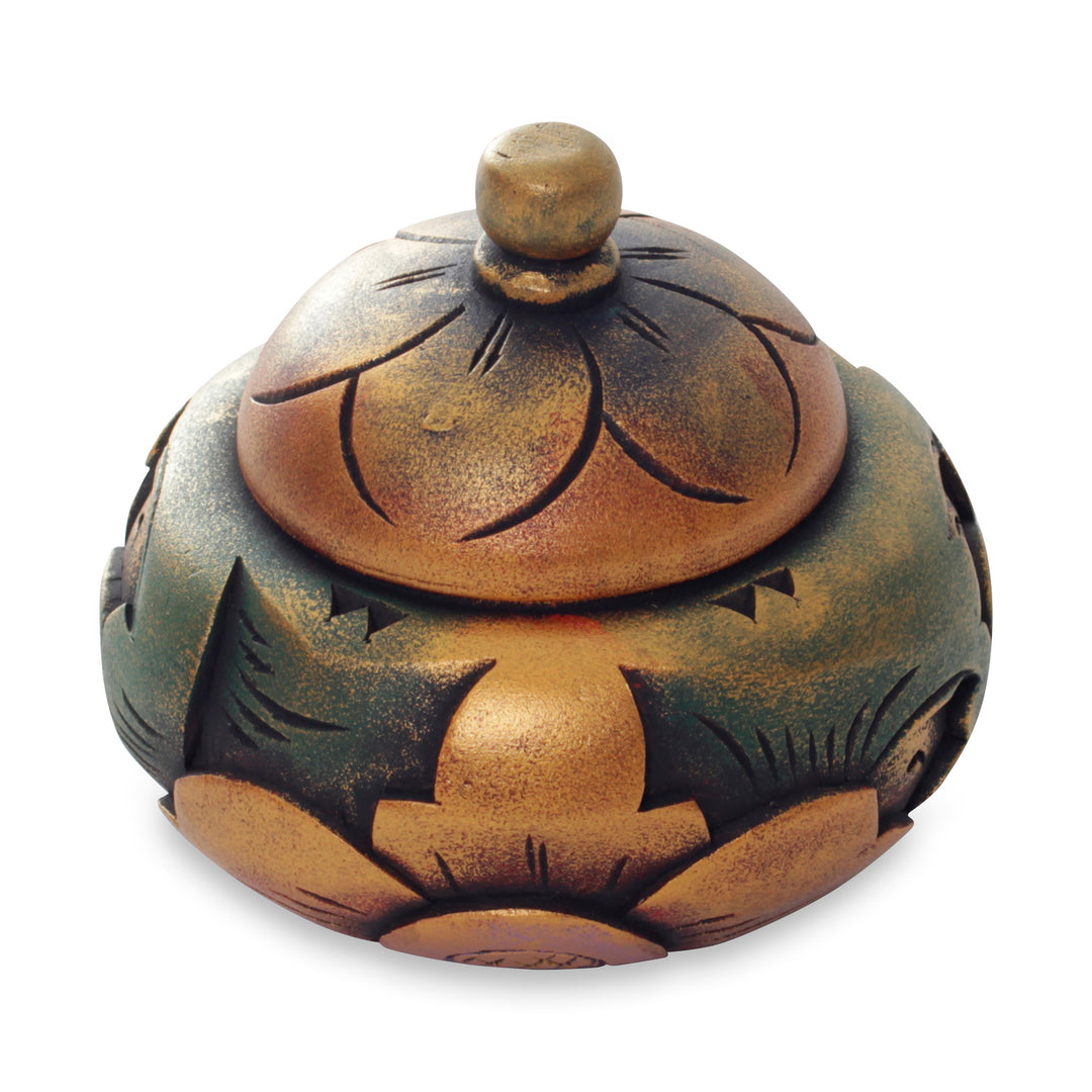 Decorative Round Carved Wood Trinket Box from Bali - Denpasar Treasure