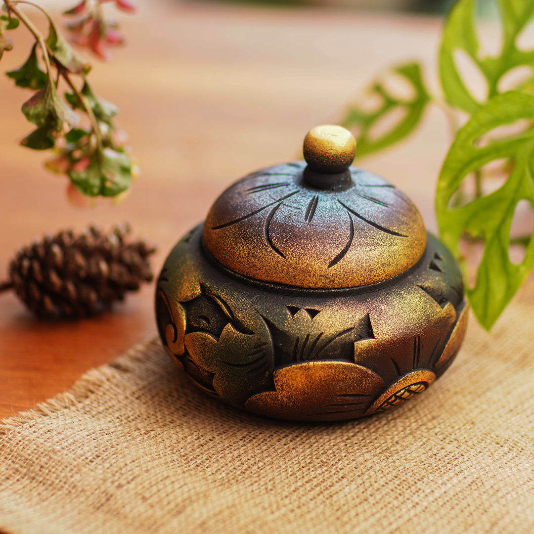 Decorative Round Carved Wood Trinket Box from Bali - Denpasar Treasure