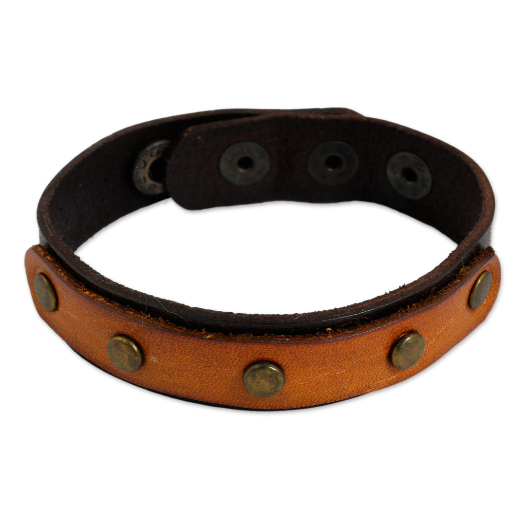 Handmade Brown Leather Bracelet with Brass Studs - Exotic Rustic