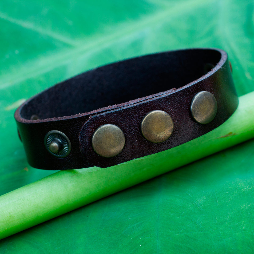 Handmade Brown Leather Bracelet with Brass Studs - Exotic Rustic