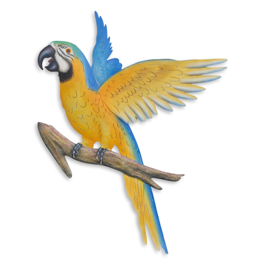 Hand Crafted Macaw Steel Wall Sculpture from Mexico - Golden Blue Macaw