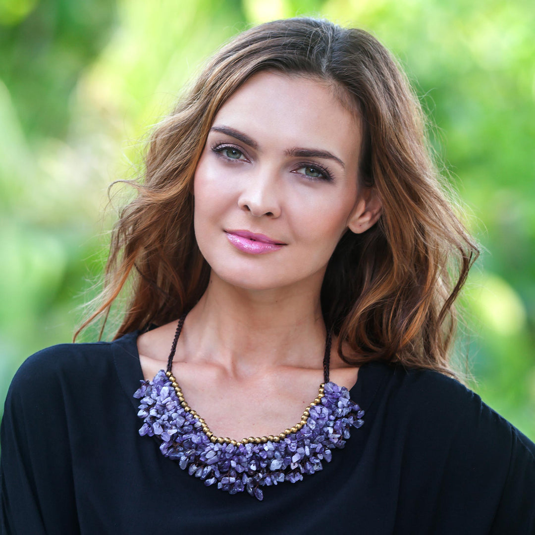 Amethyst Chip and Brass Bead Necklace from Thai Artisan - Dance Party