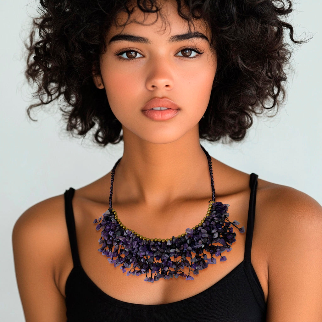 Amethyst Chip and Brass Bead Necklace from Thai Artisan - Dance Party