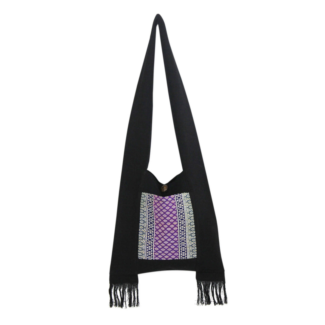 Thai-Style Handbag in Black Cotton with Embroidered Panel - Thai Twilight