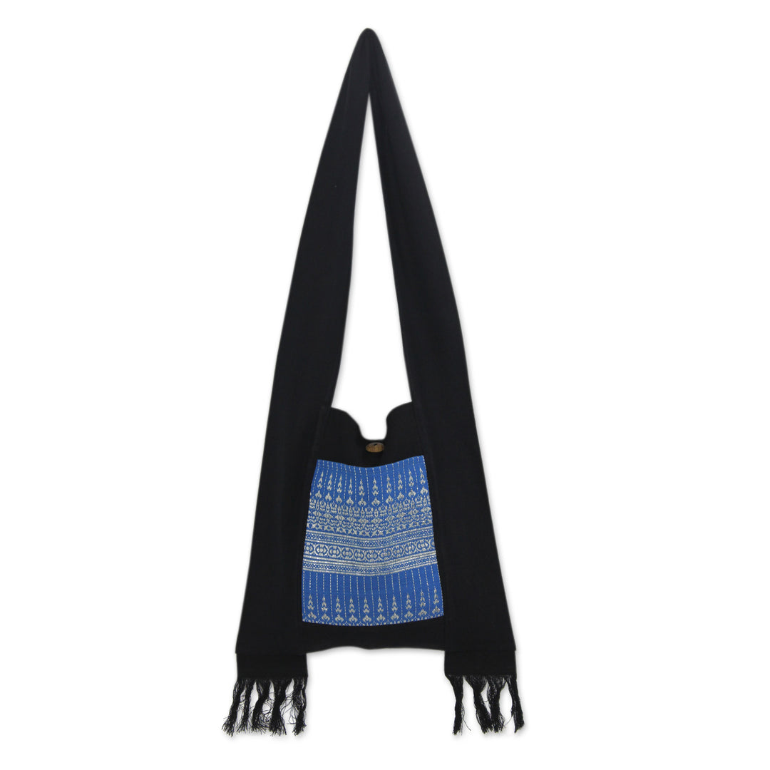 Artisan Handmade Blue and Black Cotton Handbag - Blue Camellia