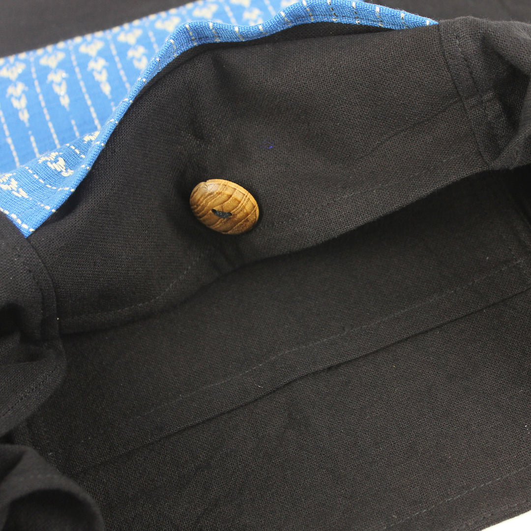 Artisan Handmade Blue and Black Cotton Handbag - Blue Camellia