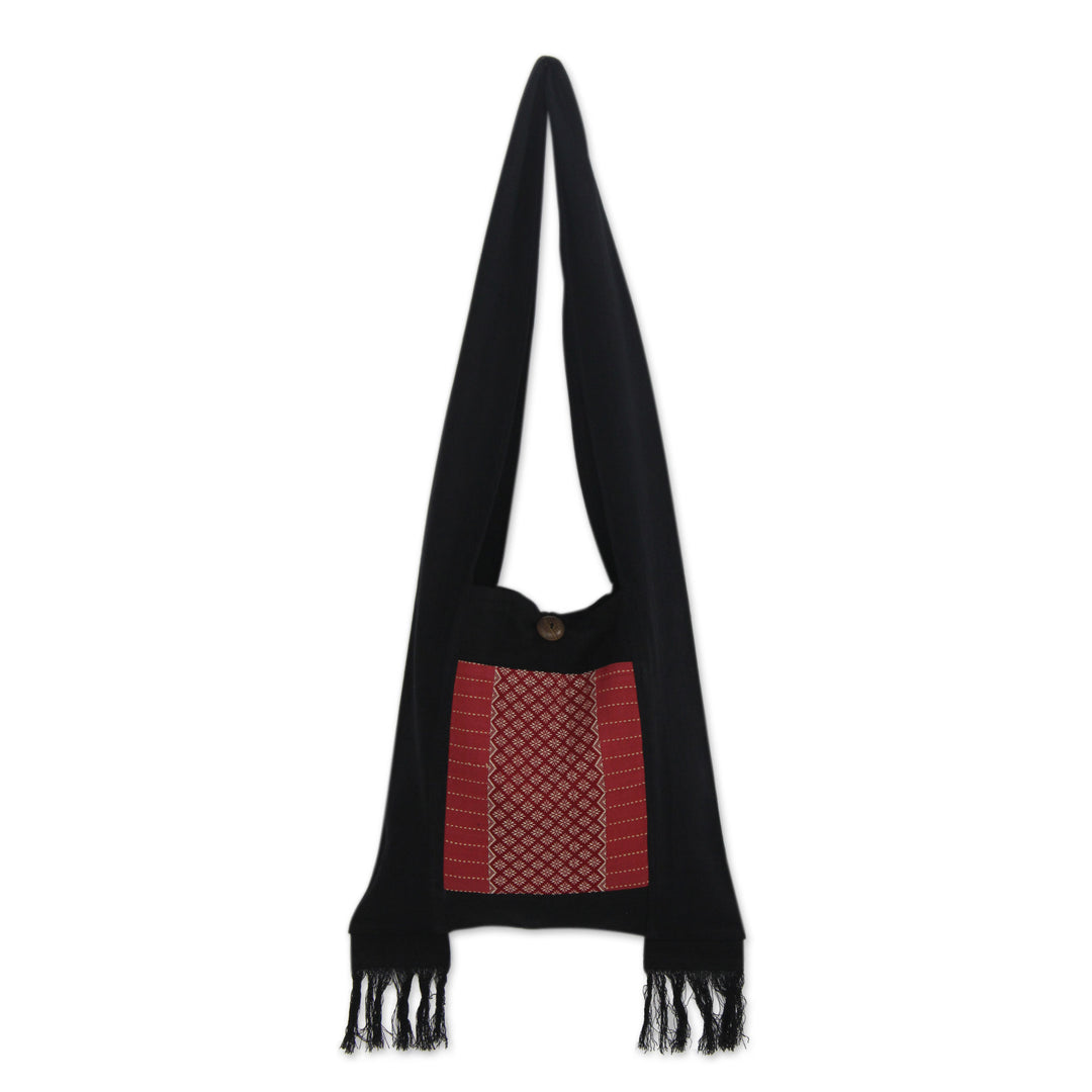 Handwoven Red and Black Shoulder Bag with Fringe - Thai Crimson