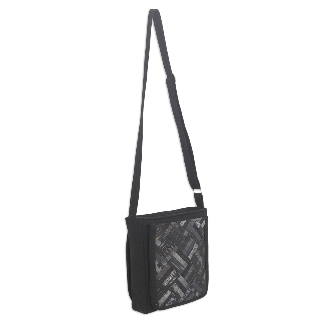 Black Cotton Thai Applique Shoulder Bag with 3 Pockets - Black Siam