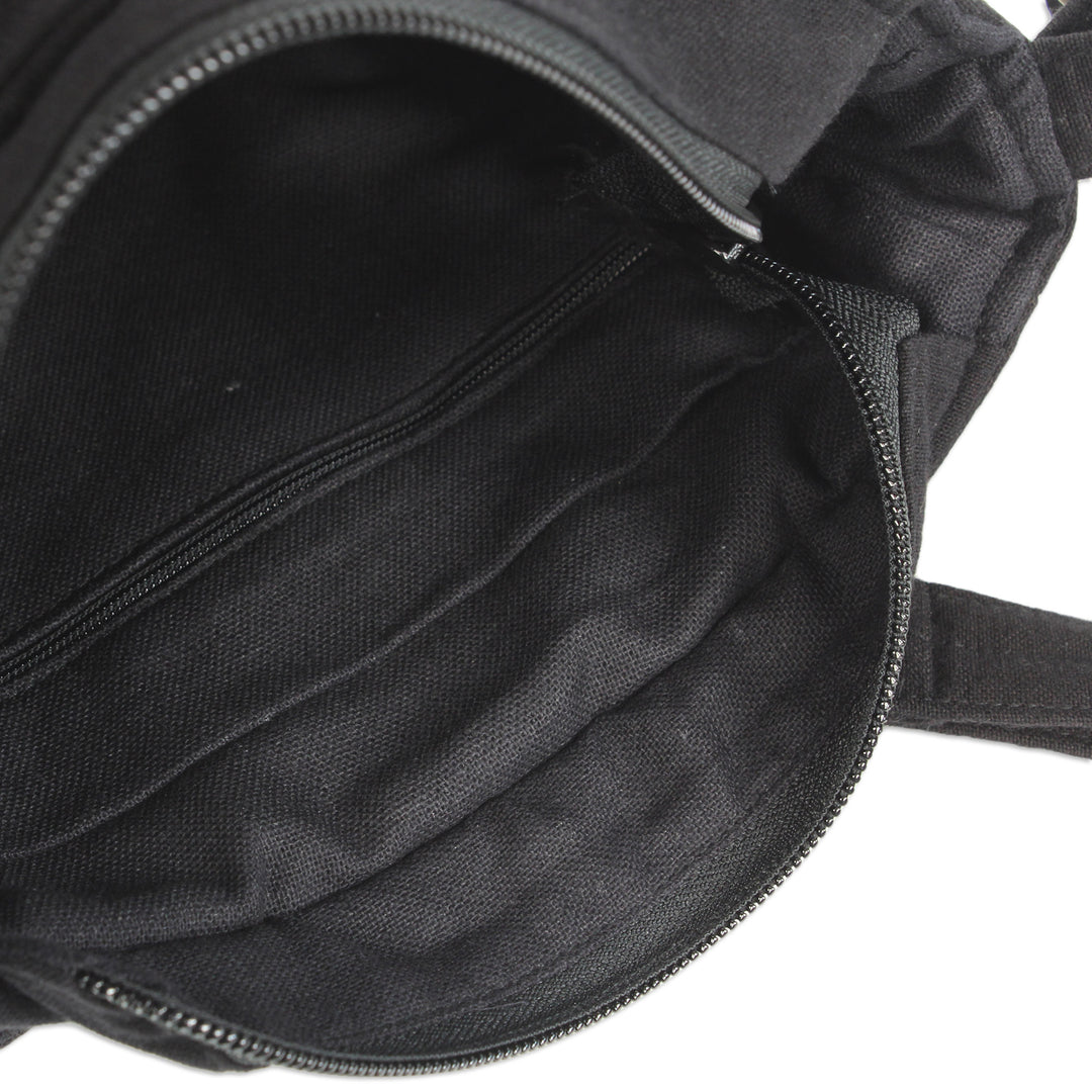 Black Cotton Thai Applique Shoulder Bag with 3 Pockets - Black Siam