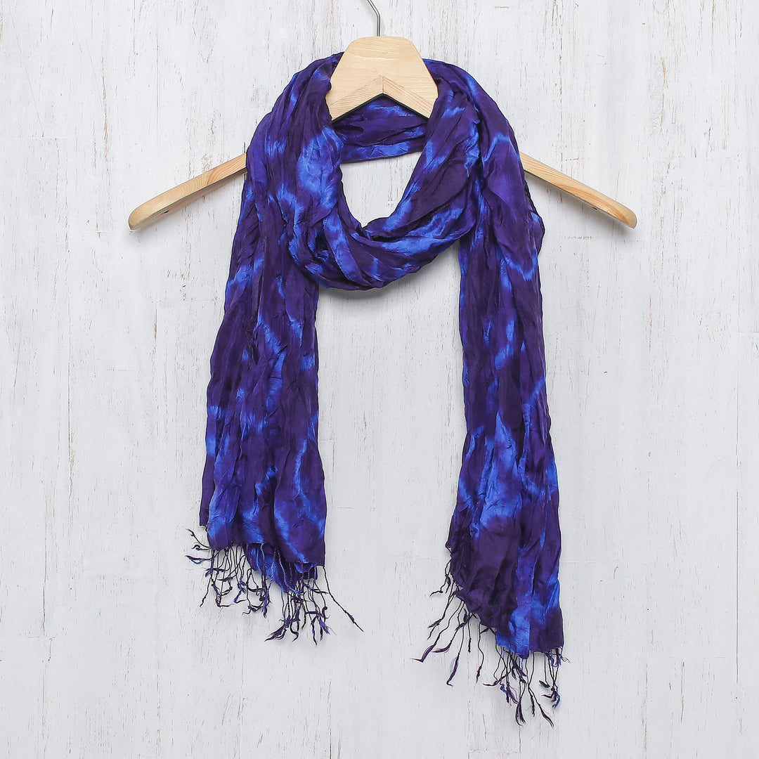 Blue Purple Tie-dye Silk Scarf Crafted by Hand in Thailand - Indigo Dance