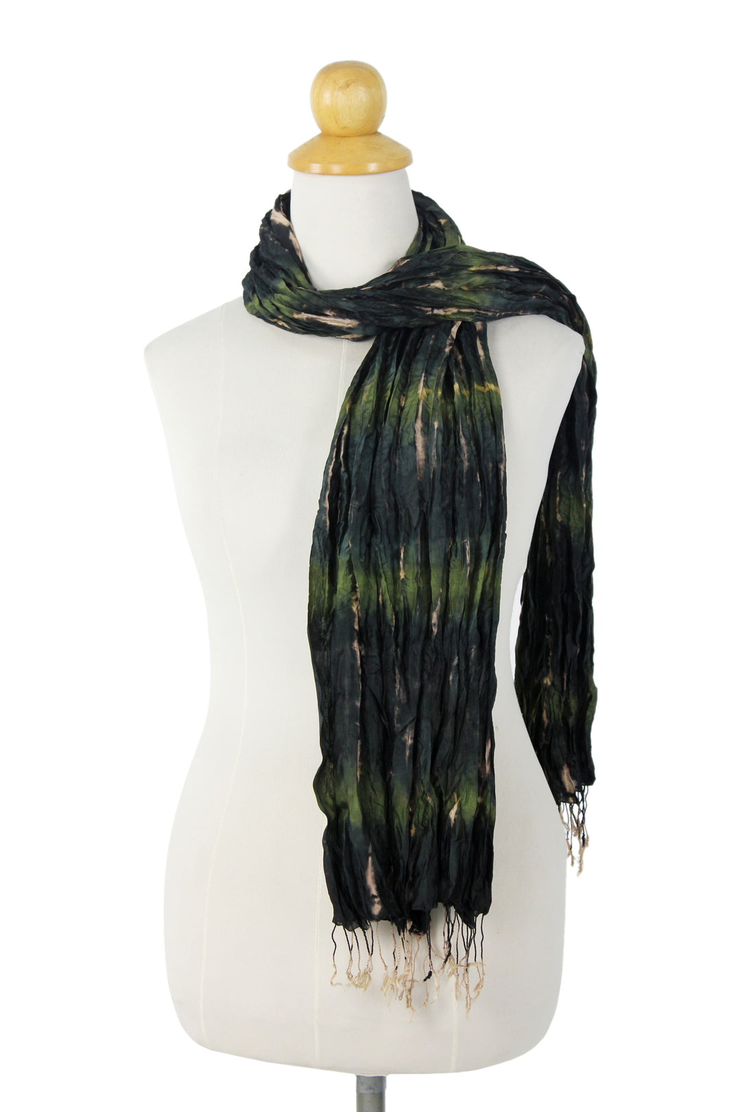 Green Crinkled Silk Scarf with Tie Dye Patterns - Forest Mystique