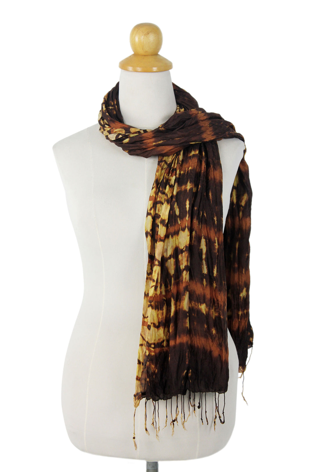 Brown Crinkled 100% Silk Scarf with Yellow Tie Dye Patterns - Desert Mystique