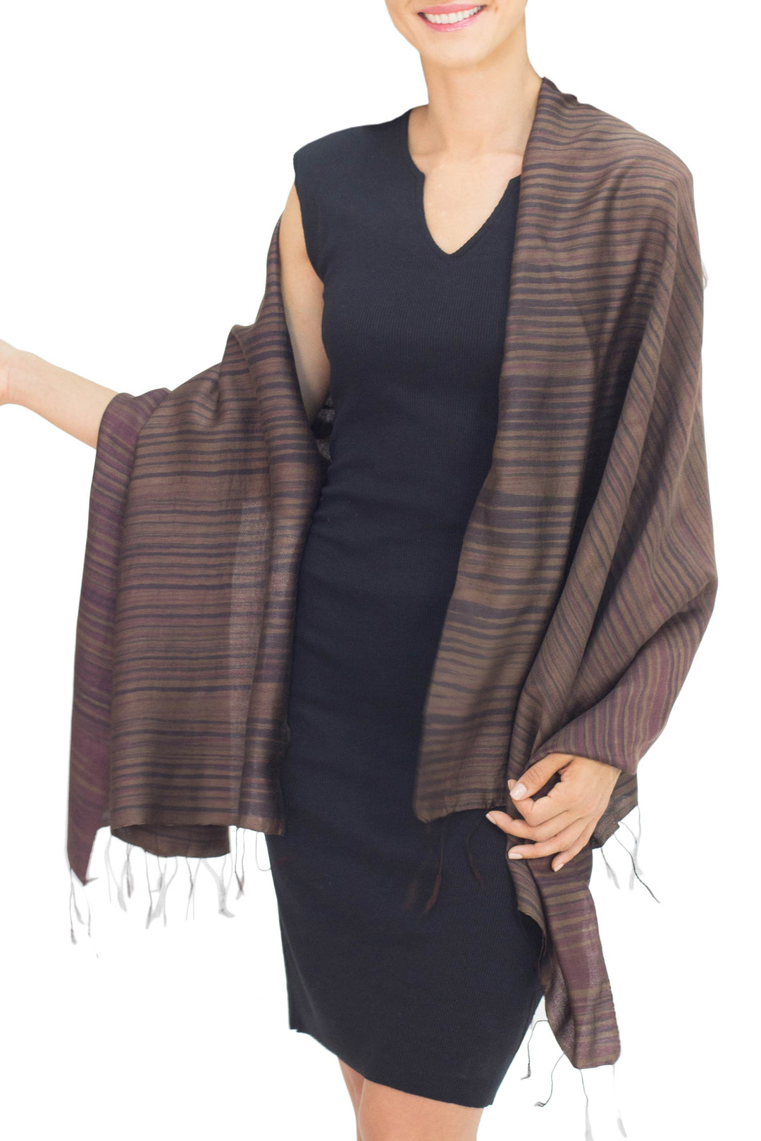 Women's Woven Silk and Cotton Striped Shawl in Umber - Romance in Umber