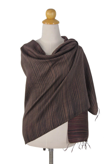 Women's Woven Silk and Cotton Striped Shawl in Umber - Romance in Umber