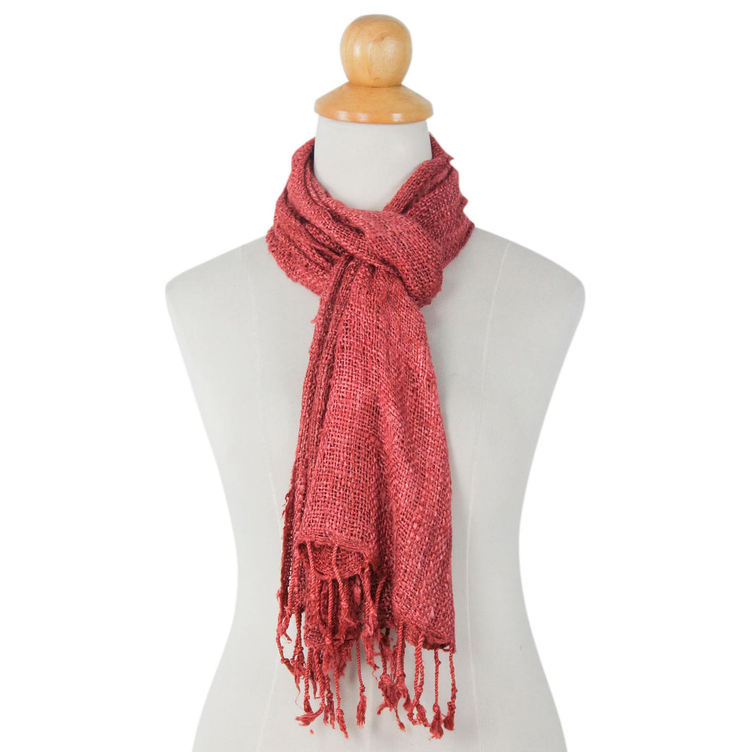 Artisan Crafted Rose Pink Woven Silk Scarf with Fringe - Essential Rose