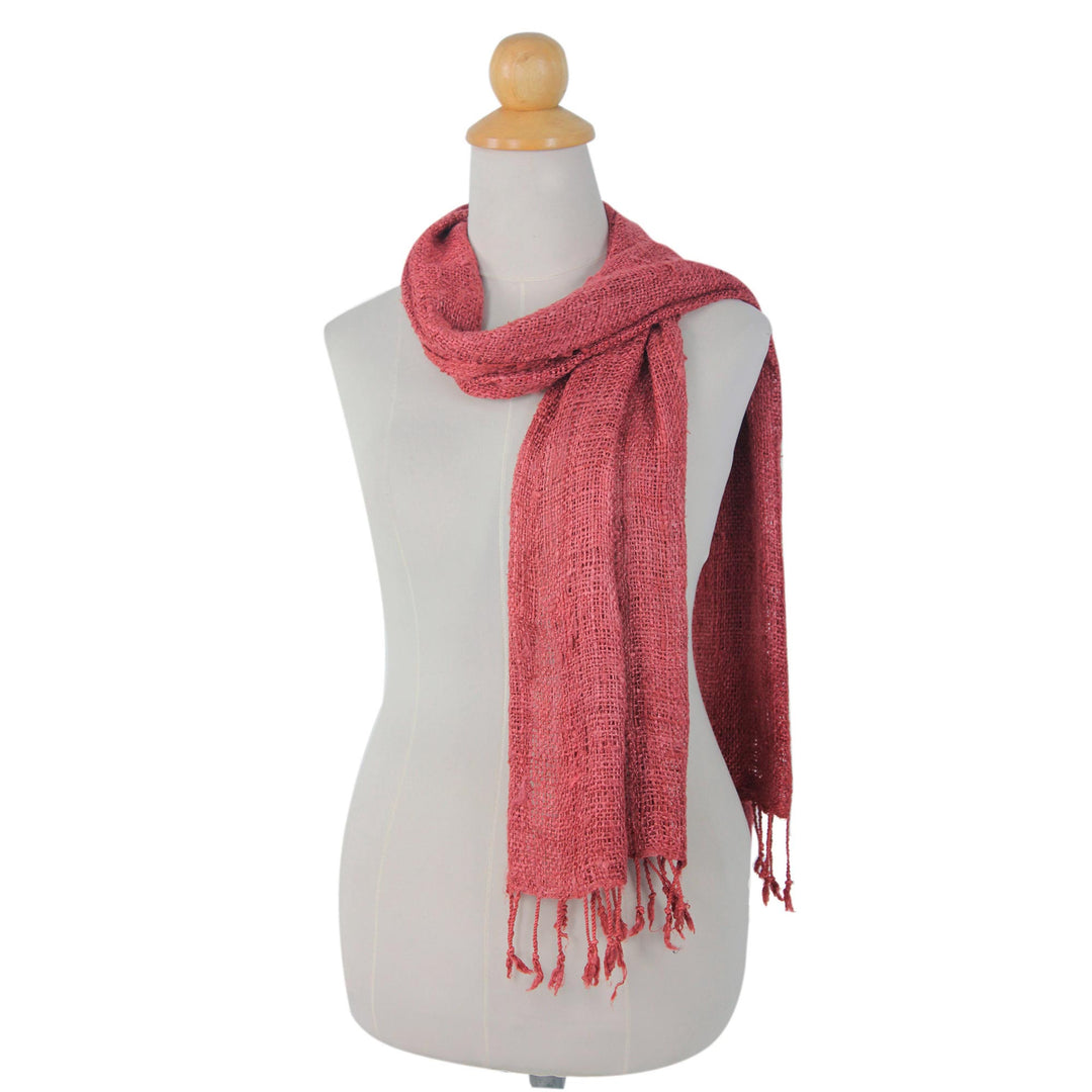Artisan Crafted Rose Pink Woven Silk Scarf with Fringe - Essential Rose