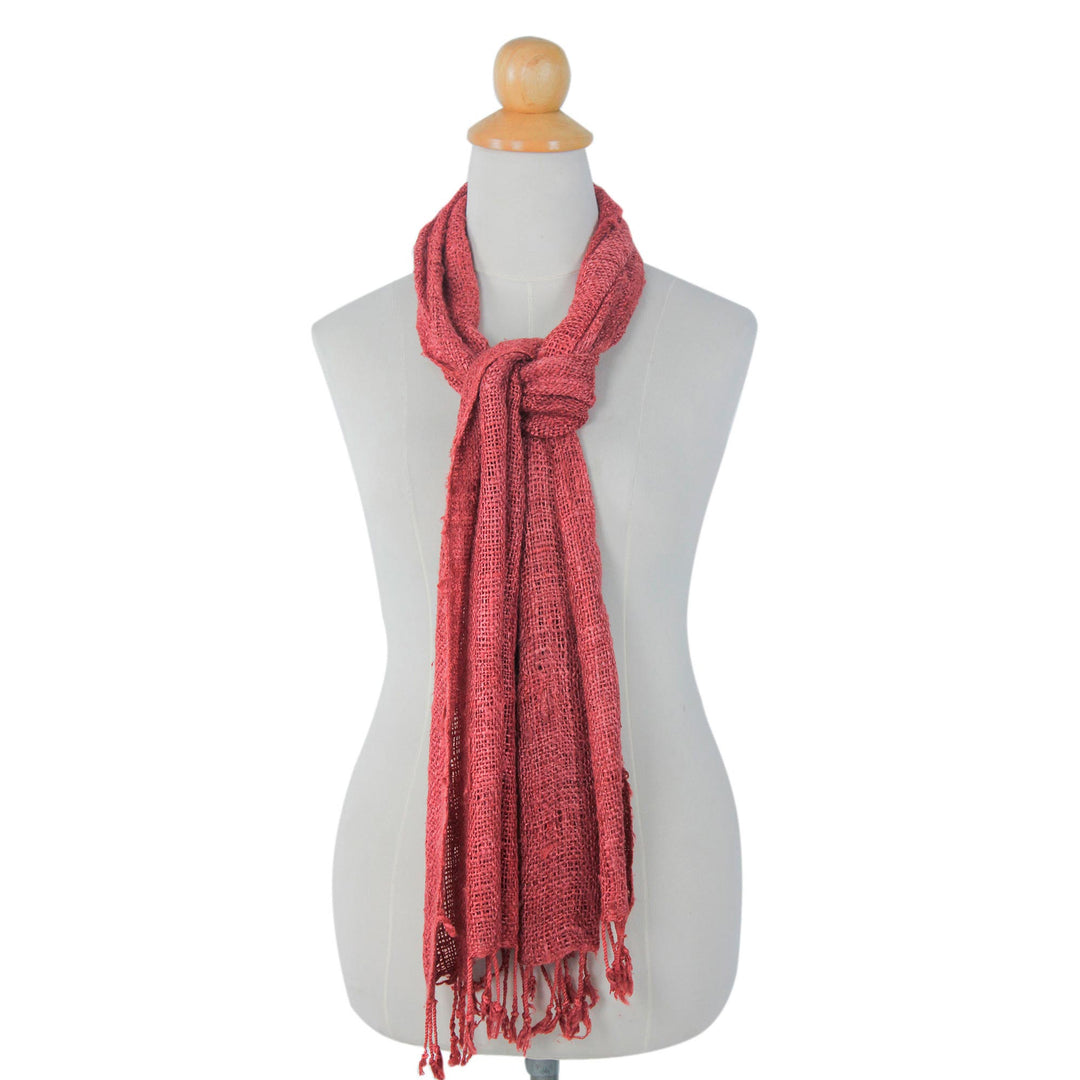 Artisan Crafted Rose Pink Woven Silk Scarf with Fringe - Essential Rose