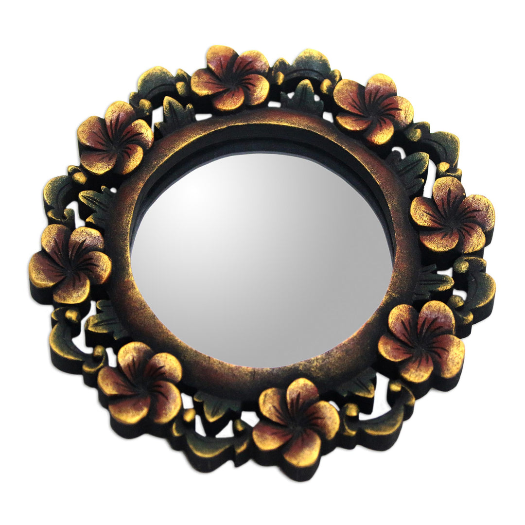 Round Floral Wall Mirror Hand Carved from Wood - Plumeria Garland