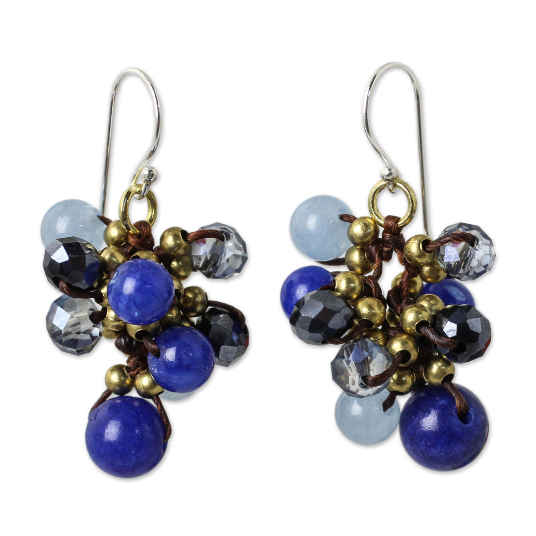 Blue Quartz and Brass Clusters on Hand Knotted Earrings - Blue Cattlelaya