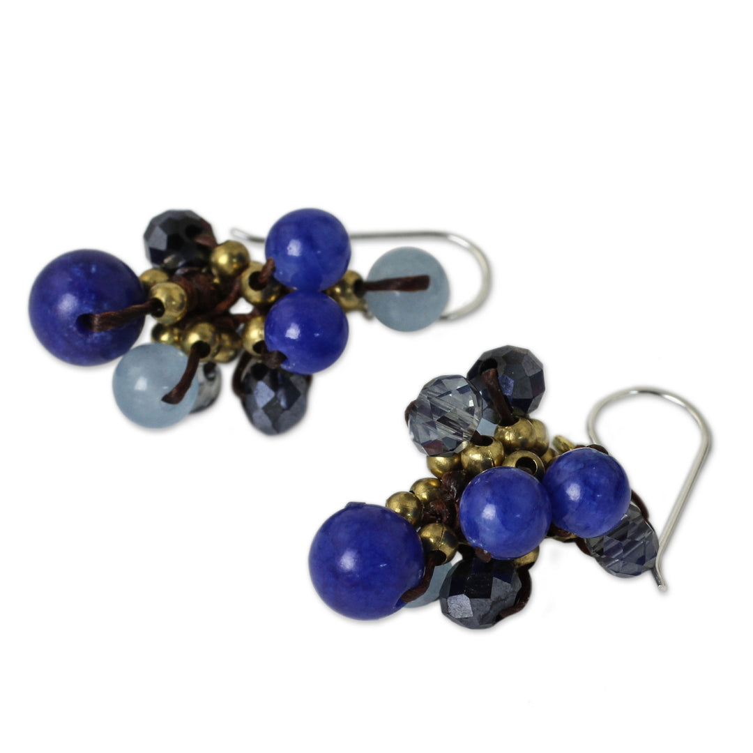 Blue Quartz and Brass Clusters on Hand Knotted Earrings - Blue Cattlelaya