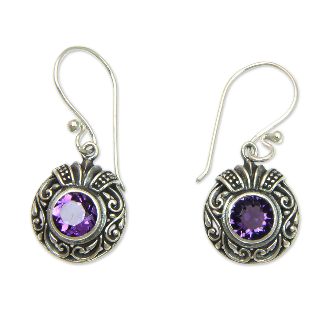 Round Silver and Amethyst Dangle Style Earrings - Lilac Ladybug