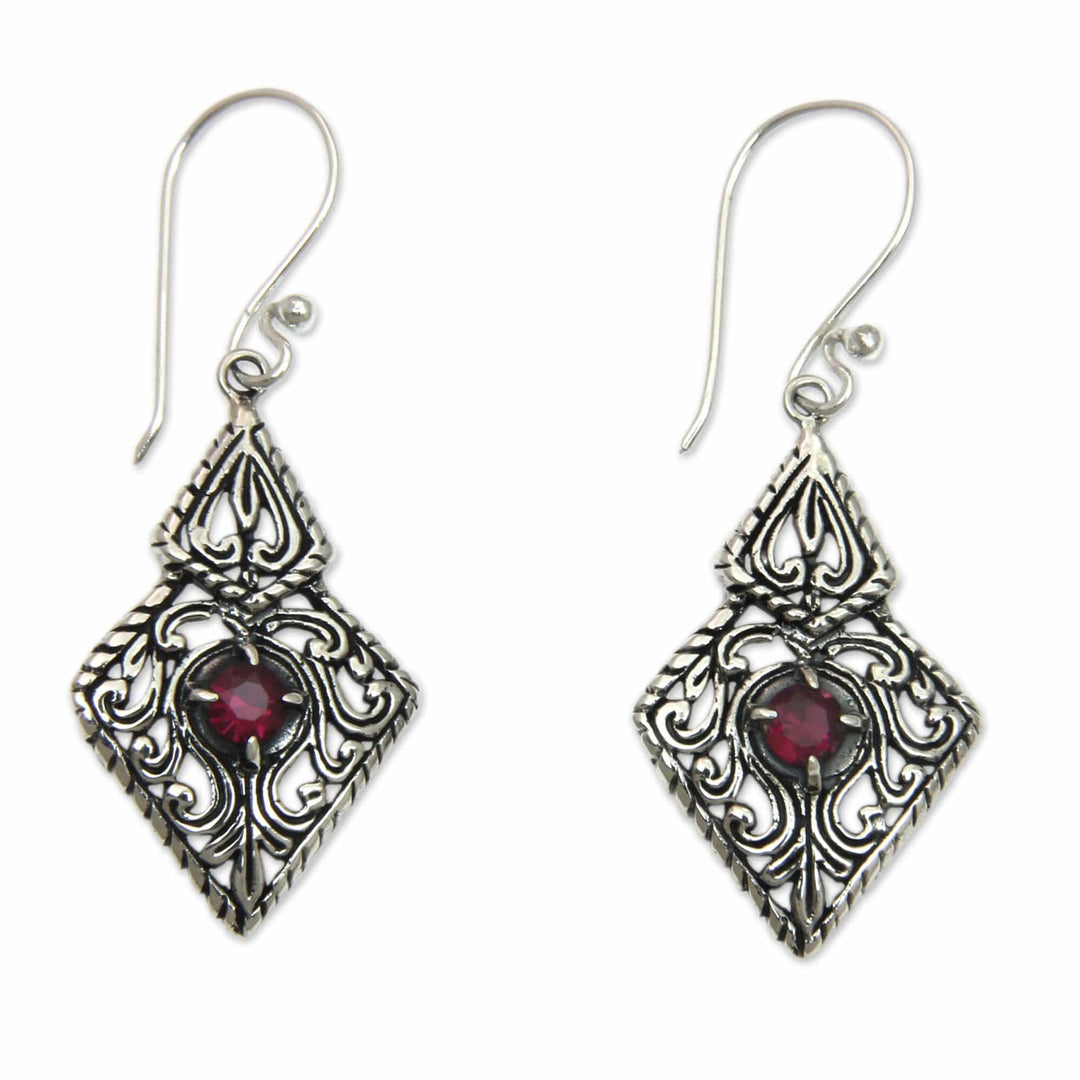 Fair Trade Sterling Silver and Garnet Ornate Dangle Earrings - Sacred Forest