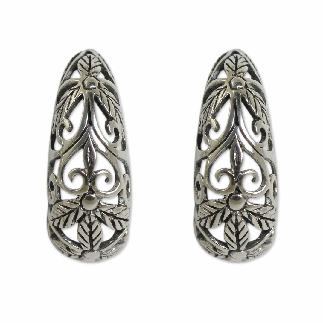 Artisan Crafted Openwork Sterling Silver Half Hoop Earrings - Floral Fantasy