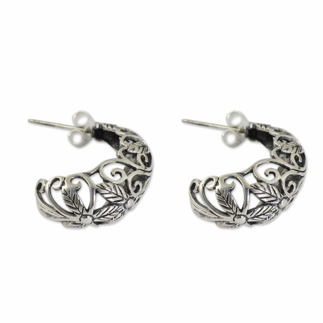 Artisan Crafted Openwork Sterling Silver Half Hoop Earrings - Floral Fantasy