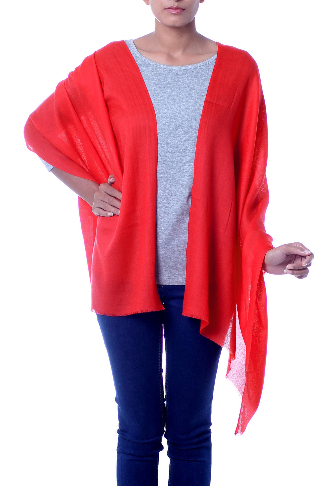 Women's True Red 100% Wool Shawl Handmade in India - Kashmiri Diamonds in Red