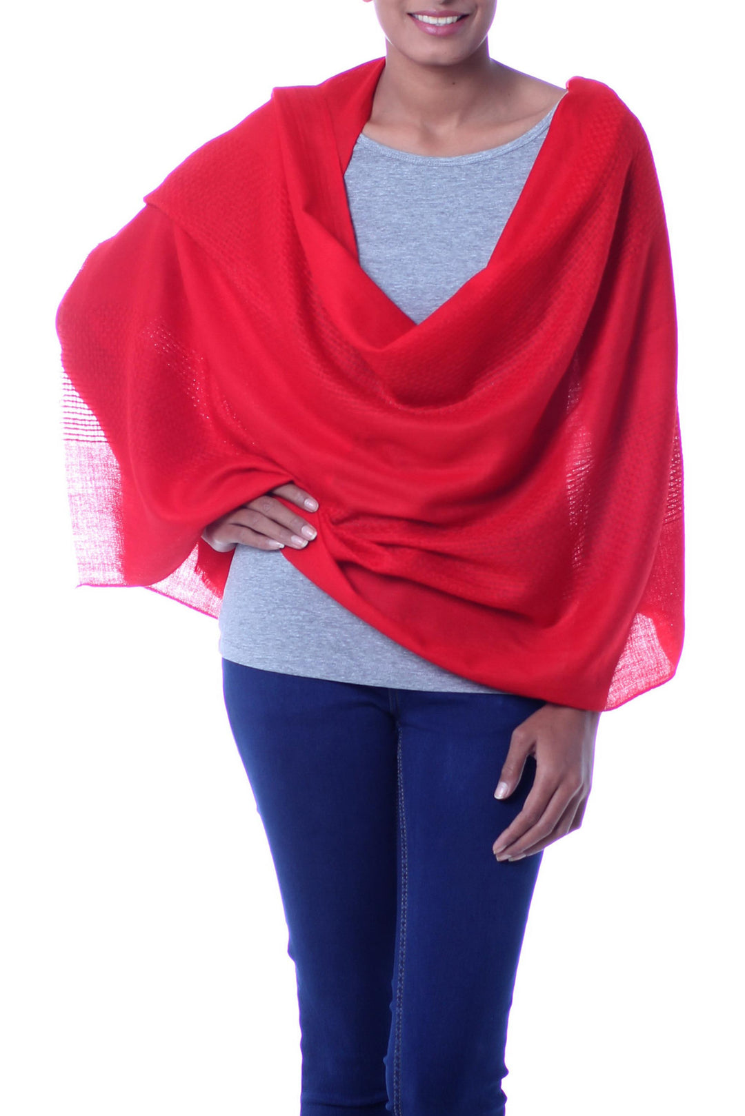 Woven 100% Wool Shawl in Classic Red from India - Red Allure