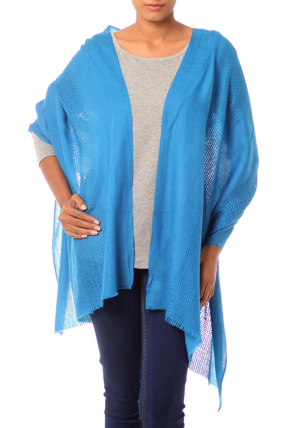 Traditionally Hand Loomed Azure Blue Wool Shawl - Azure Allure