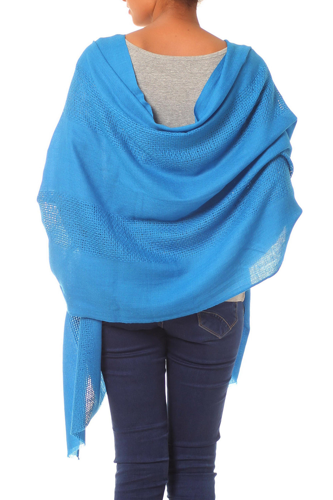 Traditionally Hand Loomed Azure Blue Wool Shawl - Azure Allure