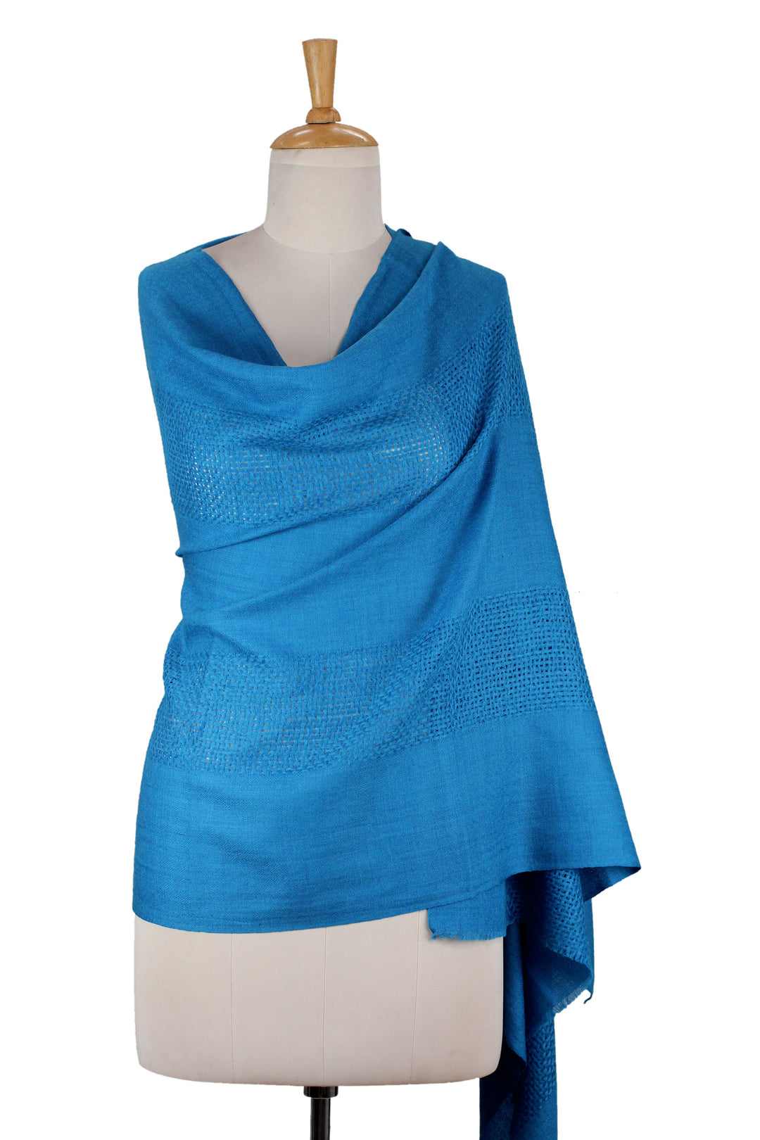 Traditionally Hand Loomed Azure Blue Wool Shawl - Azure Allure