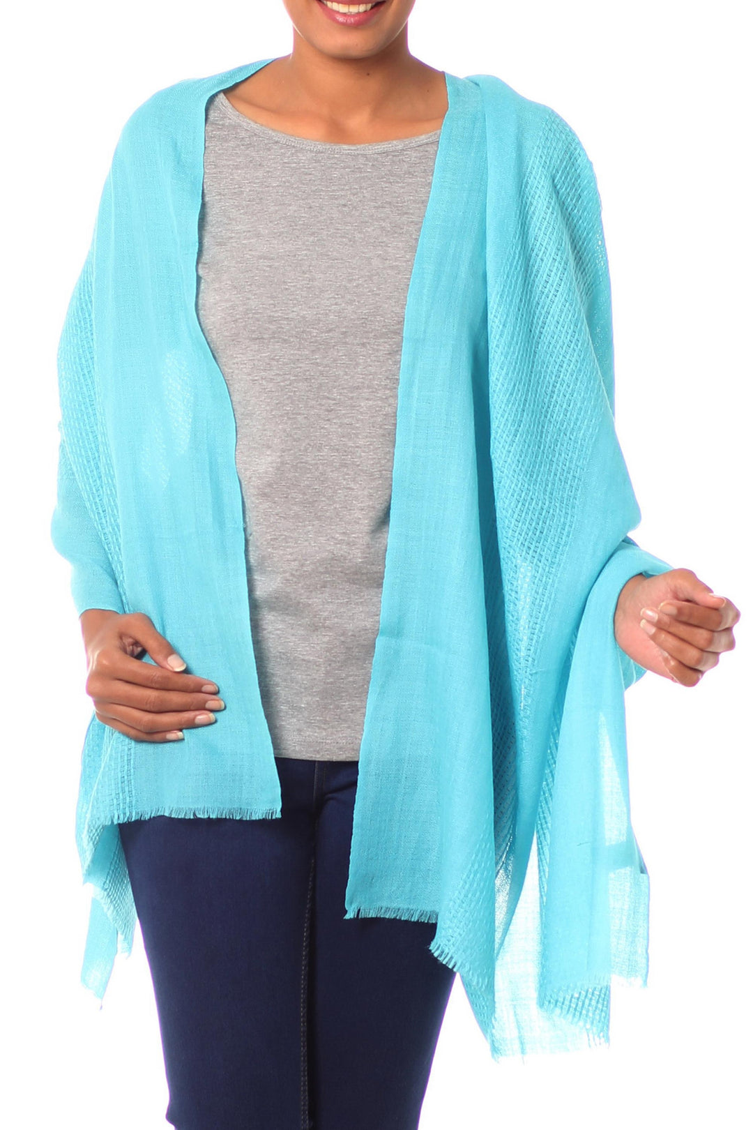 Indian Fair Trade Woven Wool Shawl in Turquoise Blue - Turquoise Allure