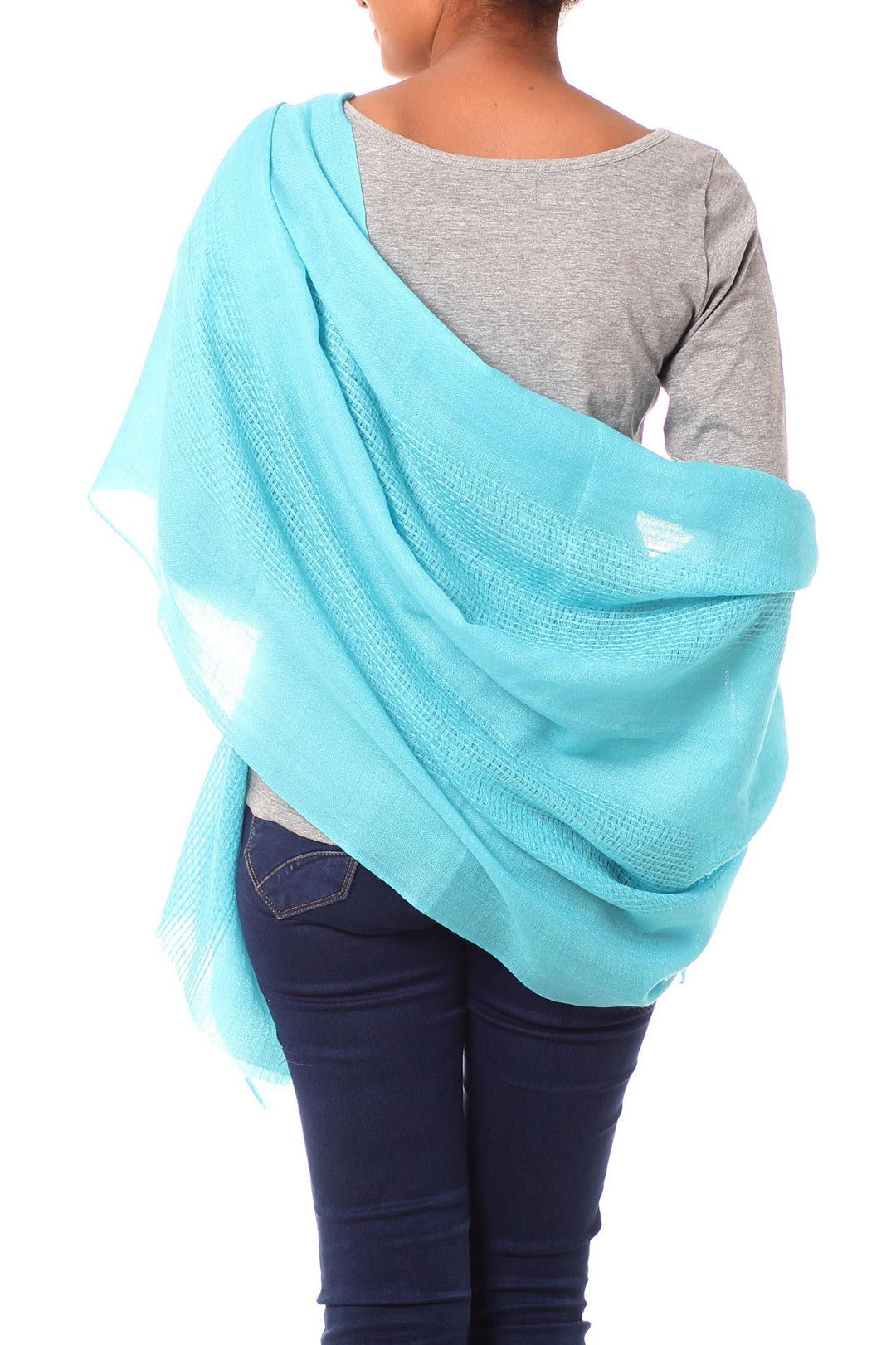 Indian Fair Trade Woven Wool Shawl in Turquoise Blue - Turquoise Allure