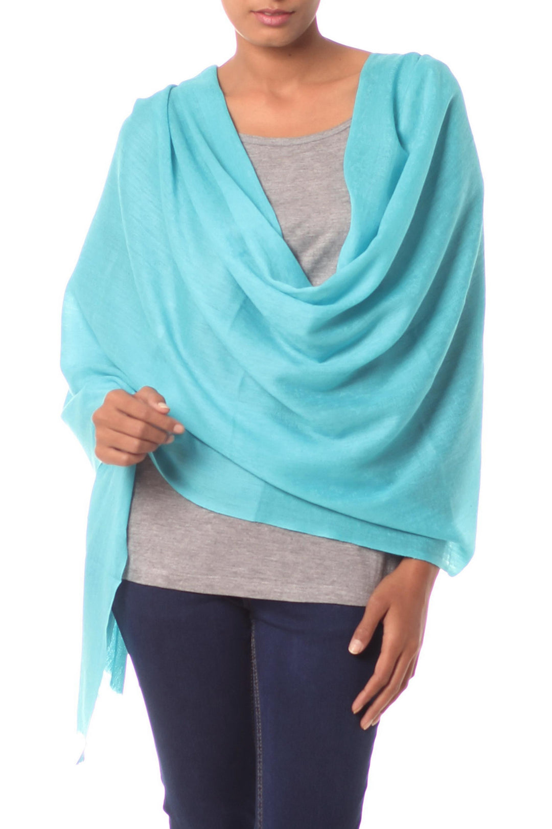 All-Wool Sky Blue Women's Shawl Handwoven in India - Cyan Glamour
