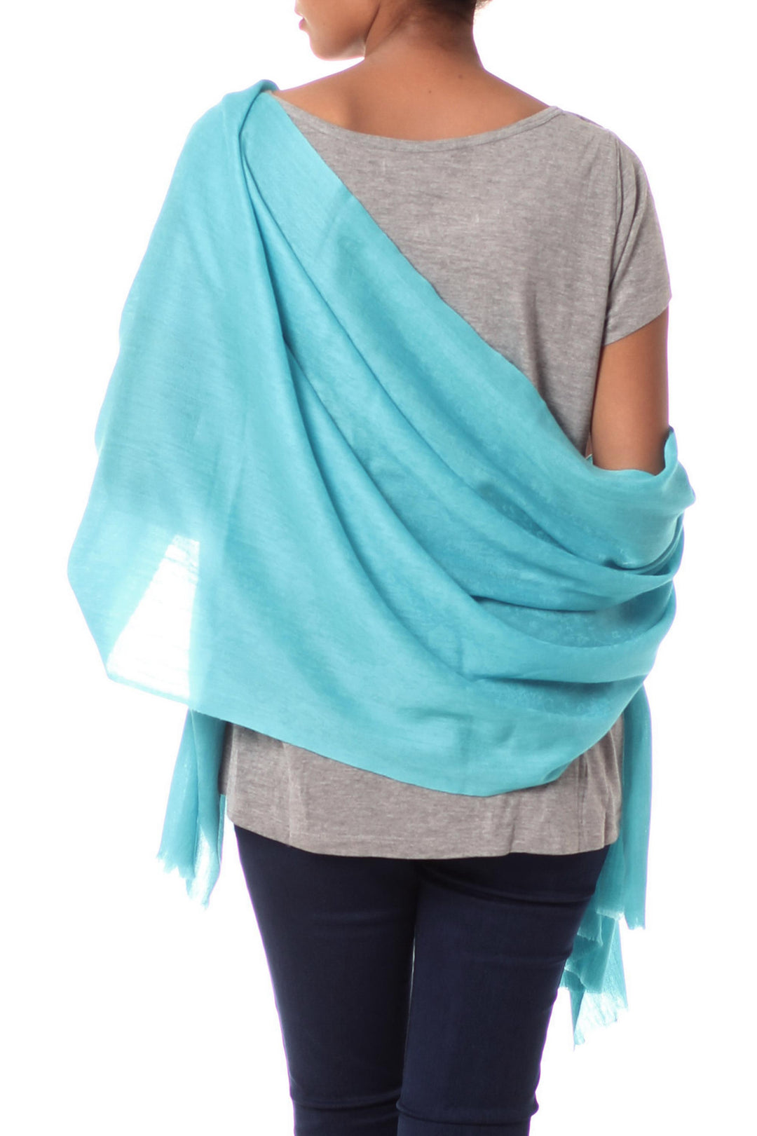 All-Wool Sky Blue Women's Shawl Handwoven in India - Cyan Glamour