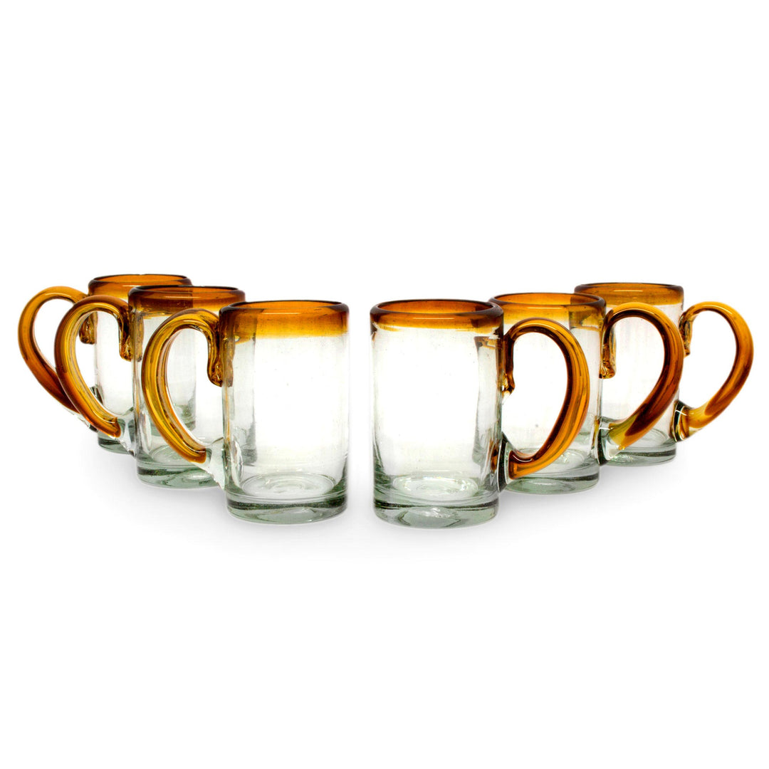 Hand Blown Beer Glasses with Amber Handle and Rim (Set of 6) - Amber Rim