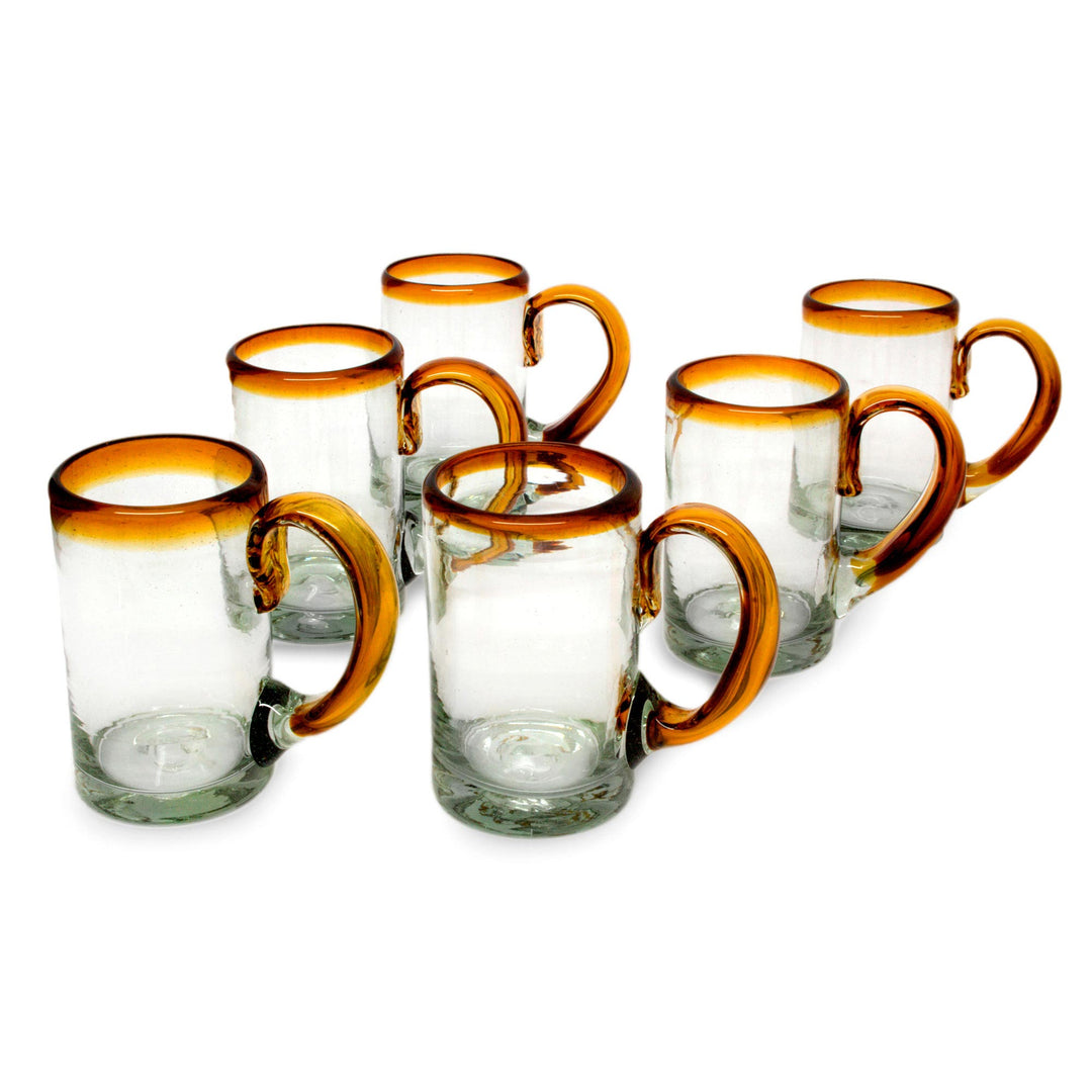 Hand Blown Beer Glasses with Amber Handle and Rim (Set of 6) - Amber Rim