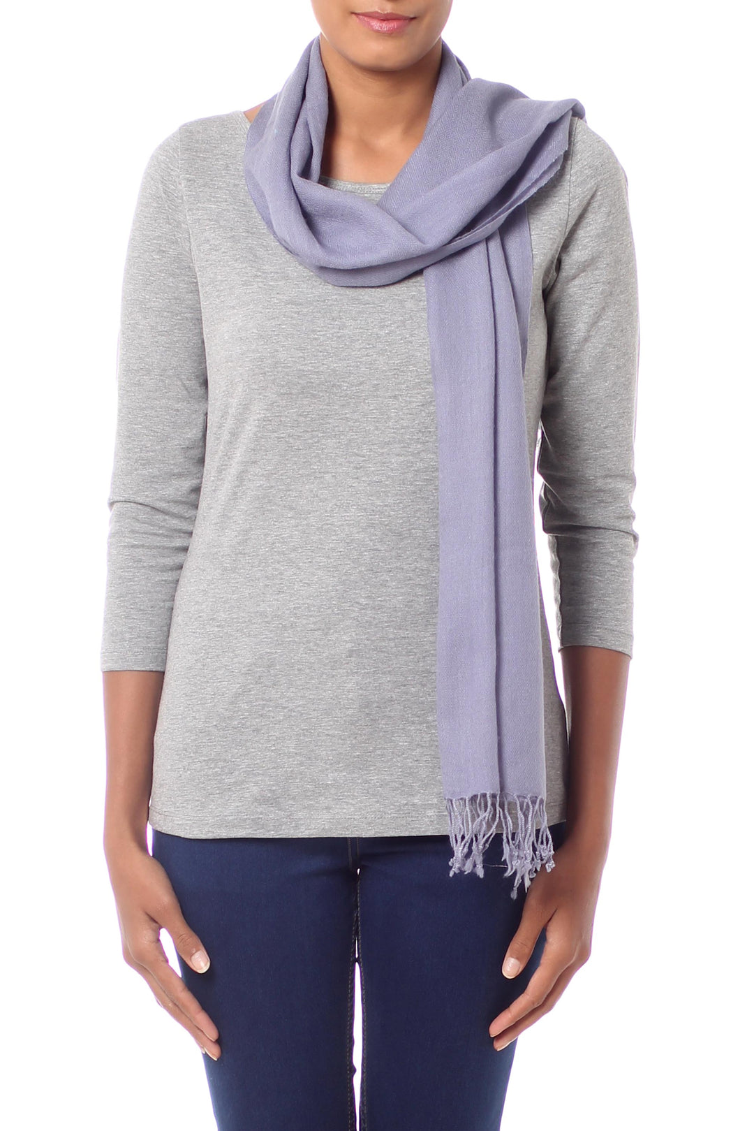 Women's Soft Gray 100% Wool Scarf Hand Loomed in India - Kashmiri Diamonds in Smoke