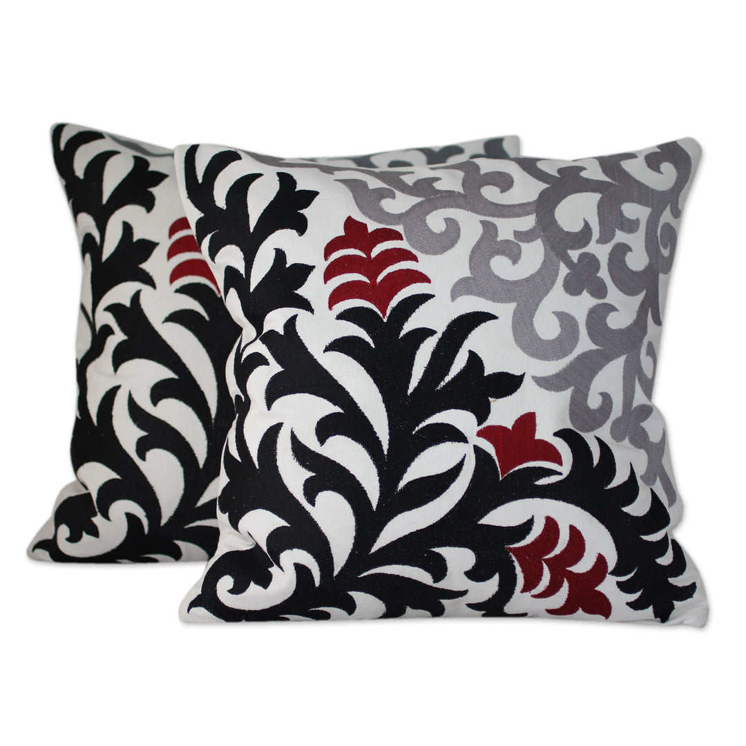 Floral Embroidered Black & White Cotton Cushion Cover Pair - Heliconia Shadow