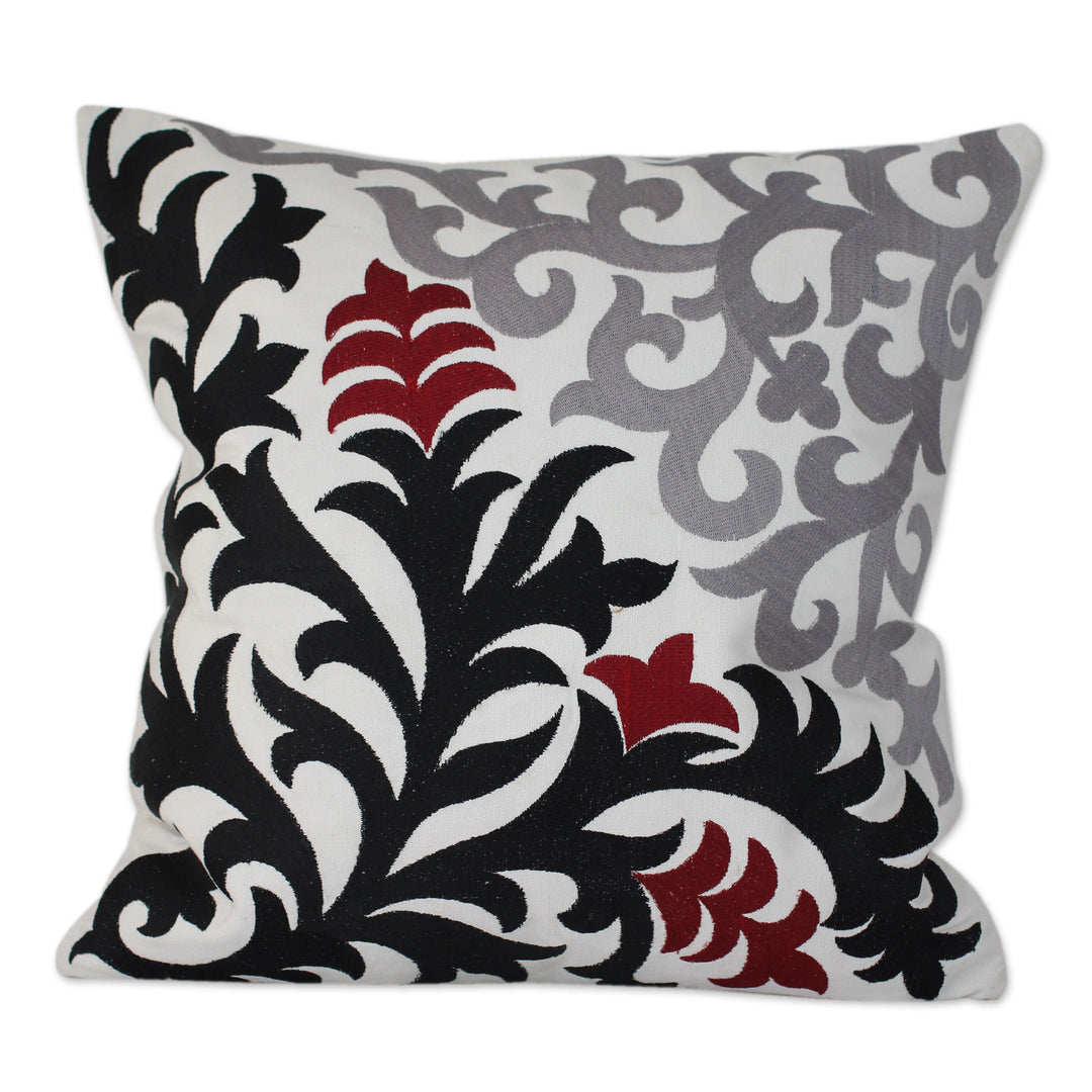 Floral Embroidered Black & White Cotton Cushion Cover Pair - Heliconia Shadow