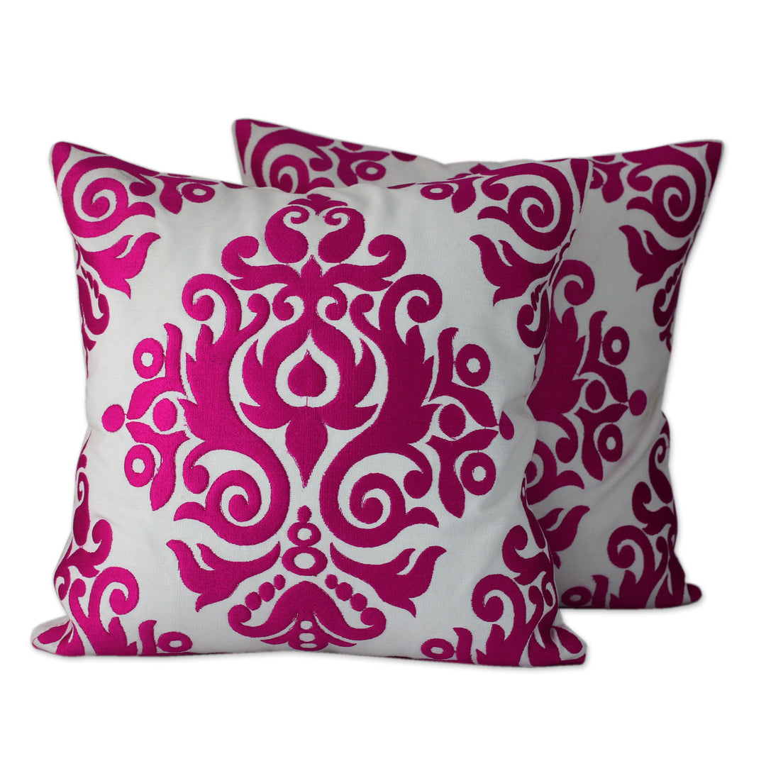 White and Fuchsia Embroidered Cotton Cushion Covers (Pair) - Fuchsia Beauty