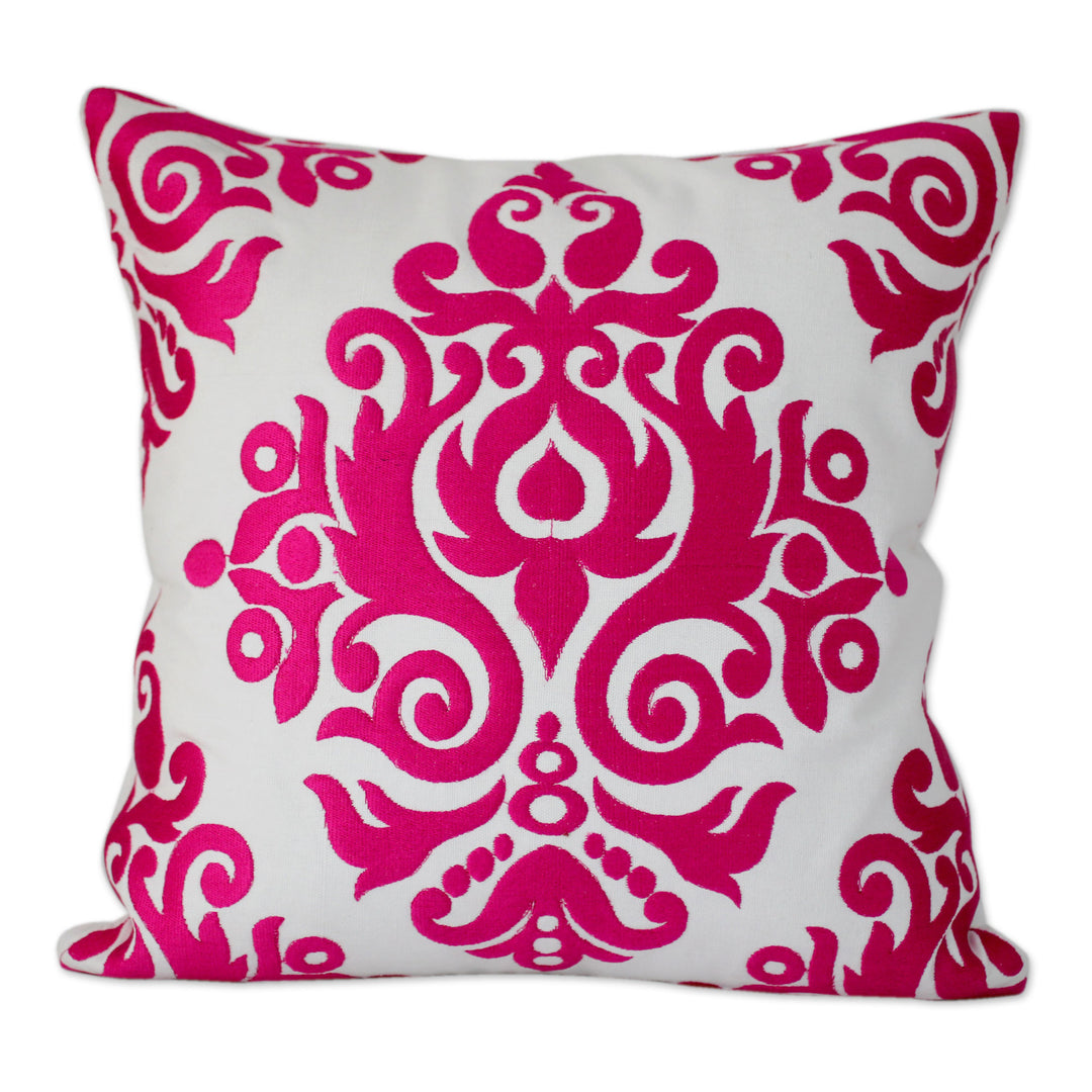 White and Fuchsia Embroidered Cotton Cushion Covers (Pair) - Fuchsia Beauty