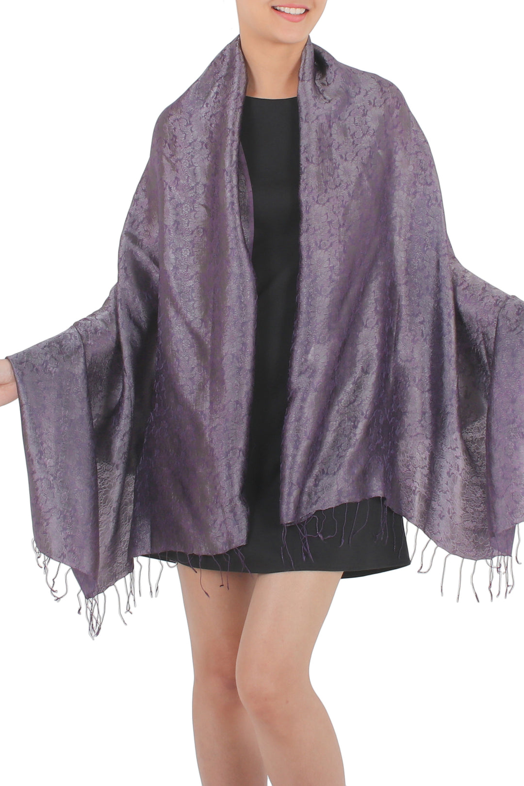 Rich Purple and Gray Rayon Blend Jacquard Shawl - Mandarin Dusk