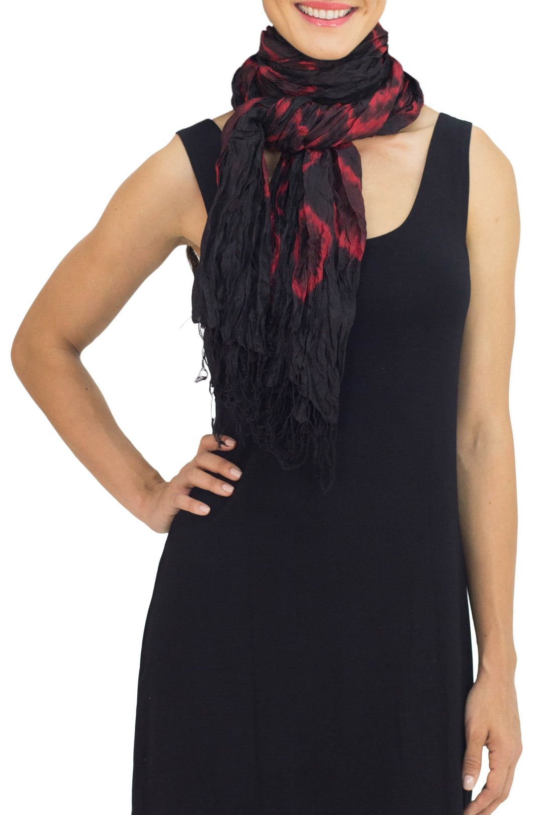 Black Red Tie-dye Silk Scarf Crafted by Hand in Thailand - Nocturnal Dance