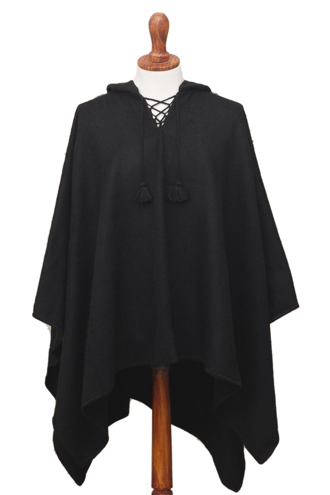 Andean Alpaca Blend Black Men's Poncho with Hood - Ebony