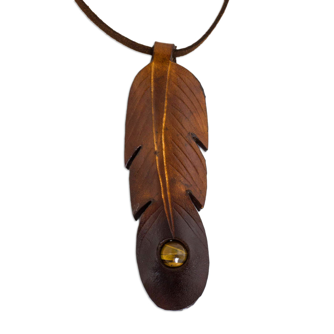 Brown Leather Feather Pendant Necklace with Tiger's Eye - Feather Spirit